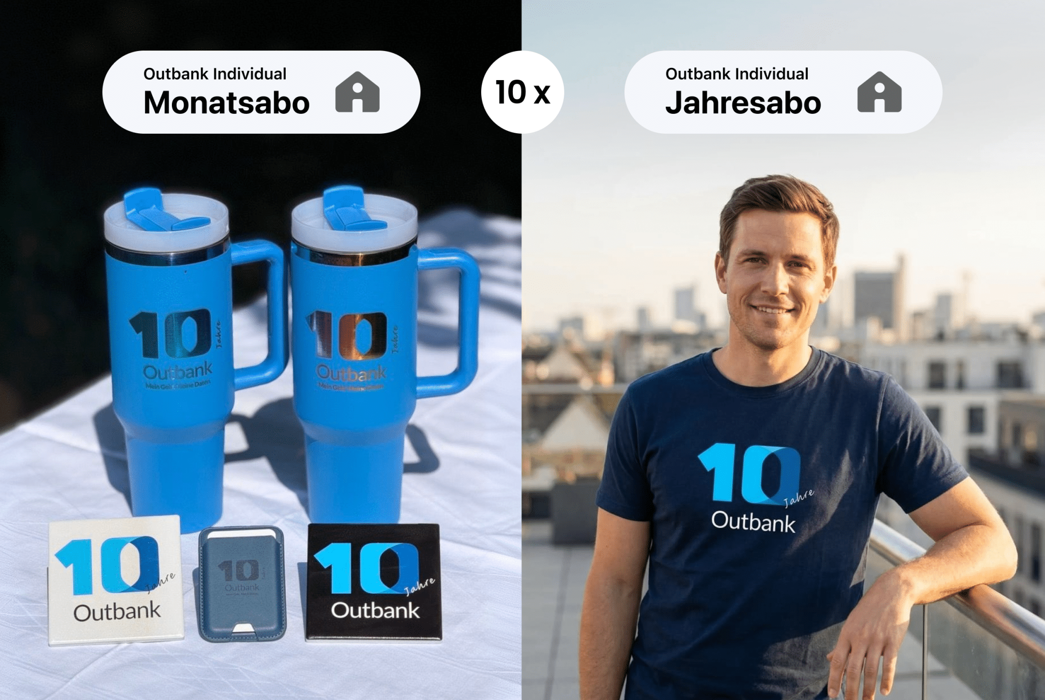 Bild mit Gewinnspielgoodies (Tumbler, Untersetzer, Kartenhalter auf einem Tisch sowie einem Mann vor einer Stadtkulisse mit Outbanktshirt).