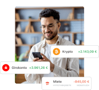 Mann schaut auf ein Handy mit Outbank Outbank App