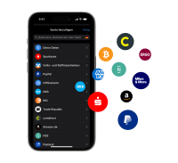 Outbank: Dein komplettes Vermögen in einer Banking-App Smartphone mit Outbank auf dem Bankenbildschirm, Bankenlogos in Kreisform neben und auf dem Handy.